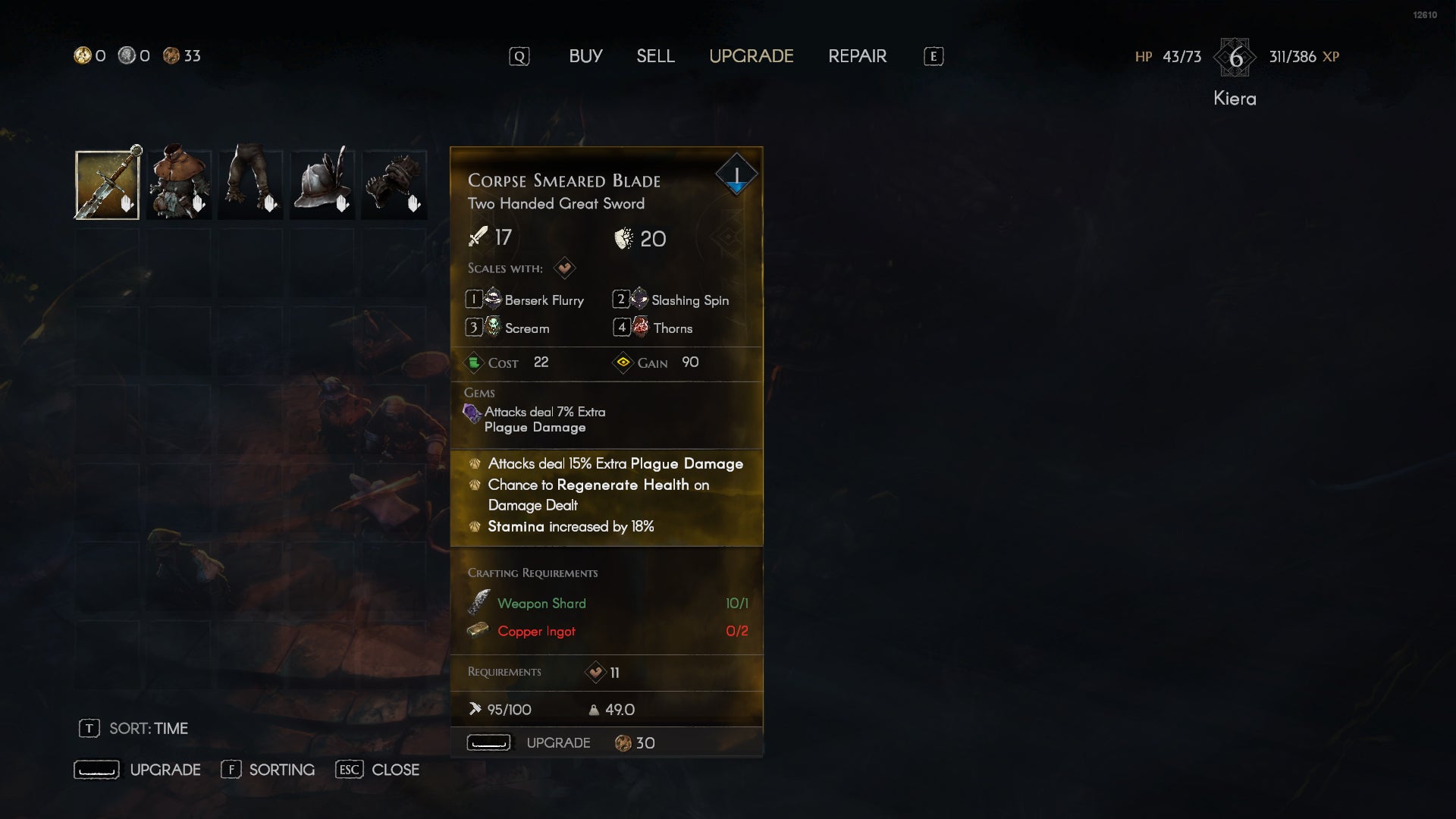 Screenshot of a gold unique weapon in No Rest For The Wicked. - 7