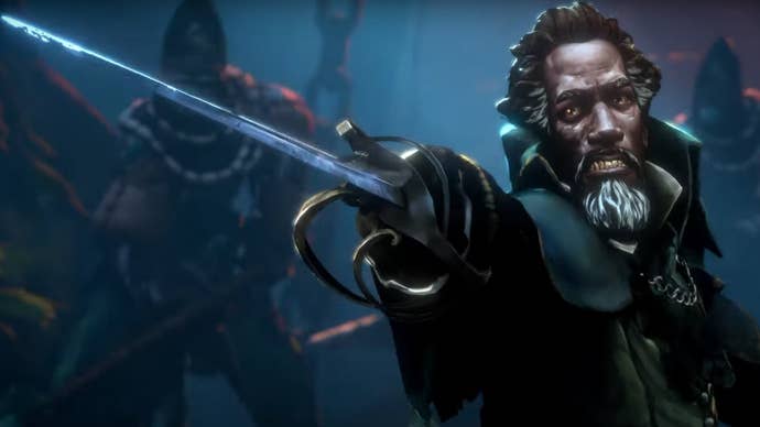 A pirate jabs their rapier at someone or something of screen in No Rest For The Wicked’s early access launch trailer.