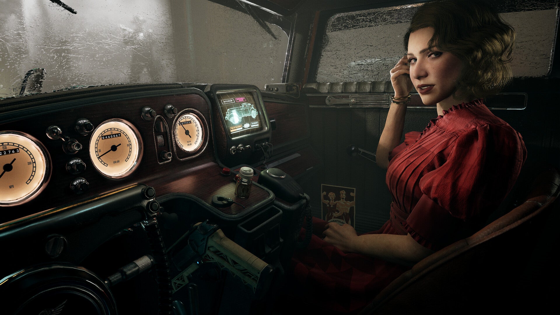 A woman in a red dress looks at the player while we sit in a 1930s-style hover car in Nobody Wants To Die - 1