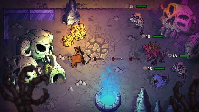 A horse fires a bow and arrow at monsters in Nobody Saves The World