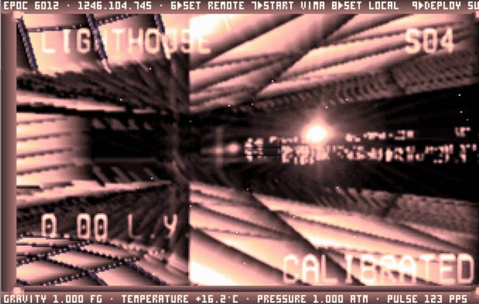 A screenshot from DOS-based space exploration game Noctis, showing the depolarised inside of the player’s crystal spaceship.