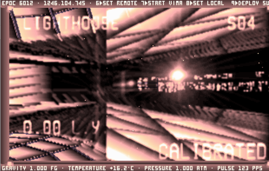 A screenshot from DOS-based space exploration game Noctis, showing the depolarised inside of the player's crystal spaceship.