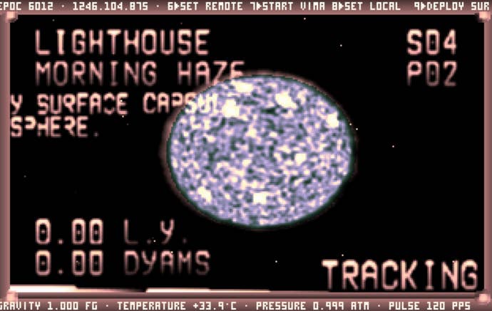 A screenshot from DOS-based space exploration game Noctis, showing celestial objects named “Lighthouse” and “Morning Haze” by the game’s community.