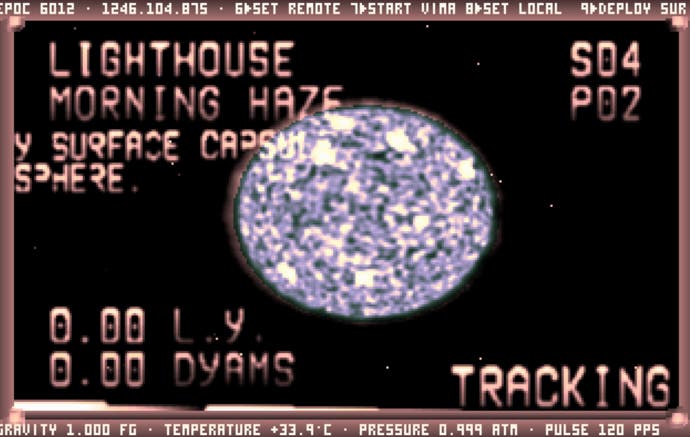 A screenshot from DOS-based space exploration game Noctis, showing celestial objects named "Lighthouse" and "Morning Haze" by the game's community.
