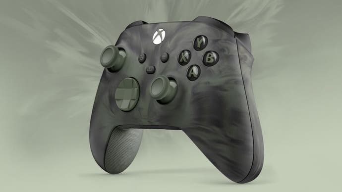 A promotional image showing Microsoft's swirly green Nocturnal Vapor special edition Xbox controller.