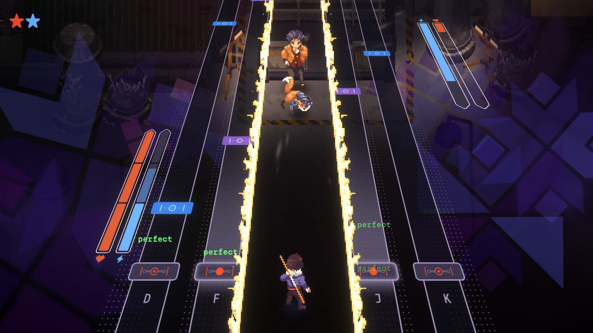 A fight against a man and a cyberfox in rhythm JRPG Nocturne. - 1