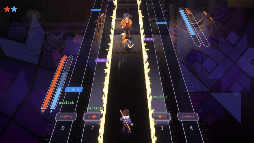 A fight against a man and a cyberfox in rhythm JRPG Nocturne.