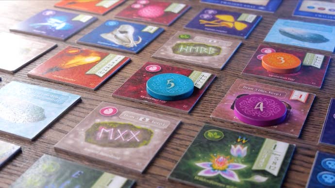 Tiles and components from upcoming board game Nocturne from Flatout Games