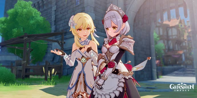 Noelle chats with Traveler near the gates of Mondstadt during one of her Hangout endings.