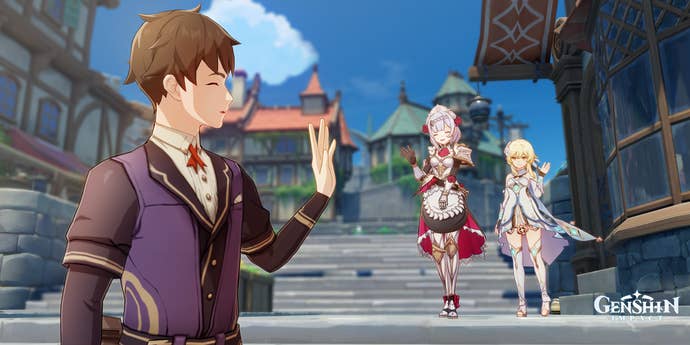 Noelle and Traveler wave goodbye to a stranger in Mondstadt.
