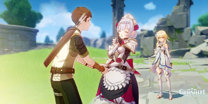 Noelle chats with a stranger as Traveler watches in the background.