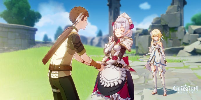 Noelle chats with a stranger as Traveler watches in the background.