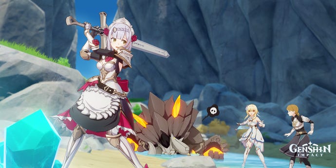 Noelle takes on a foe in a rocky area of Mondstadt.