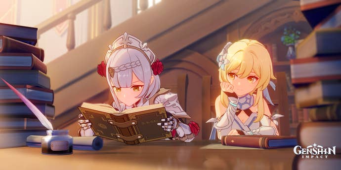 Noelle and Traveler peruse a stack of books in Mondstadt’s library.