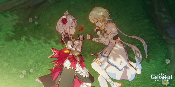 Noelle and Traveler lie down in the grass in Windrise.