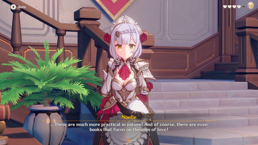 Noelle faces the player in Mondstadt’s library.