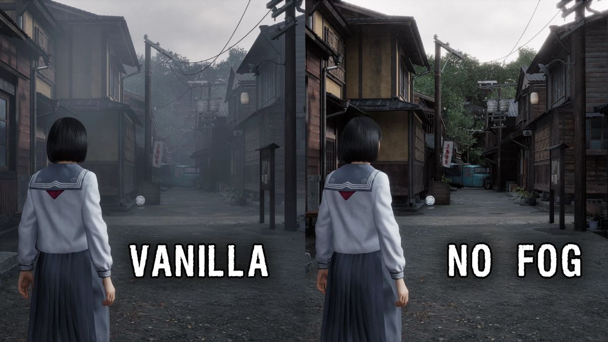 A side-by-side shot of creepy 1960s Japan street scenes in Silent Hill f, one with the fog removed using a mod - 1