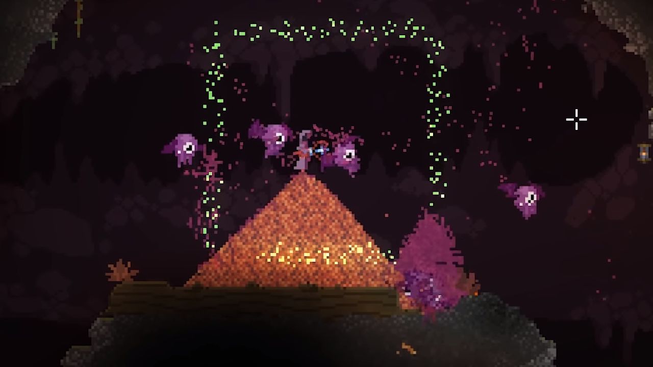 A character in Noita jumping over a huge lava fall - 1