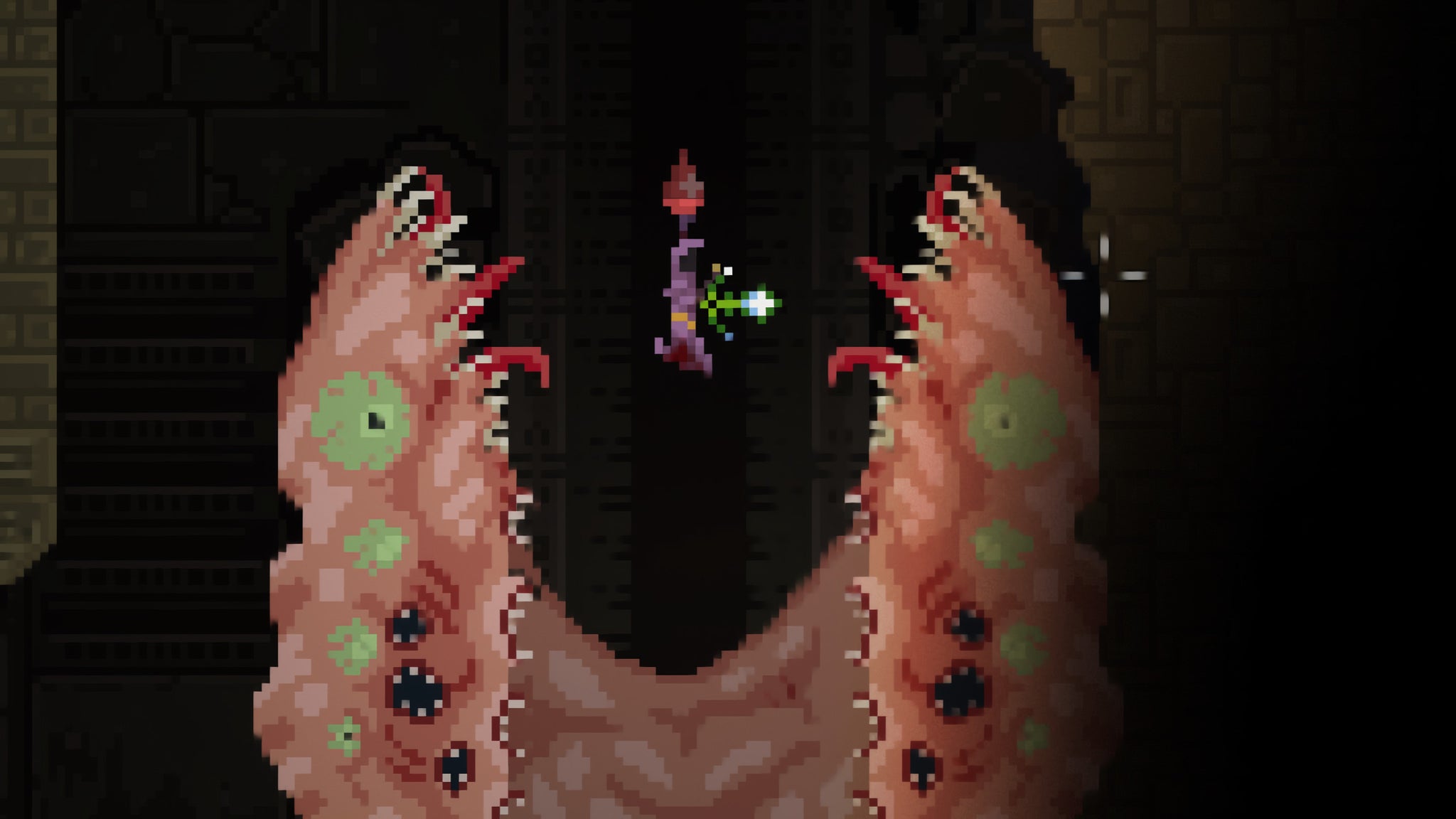 A small witch is about to be swallowed by a giant worm in Noita. - 14