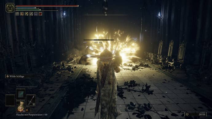 A warrior stands in front of several monsters exploding in balls of lightning in Nokstella in Elden Ring