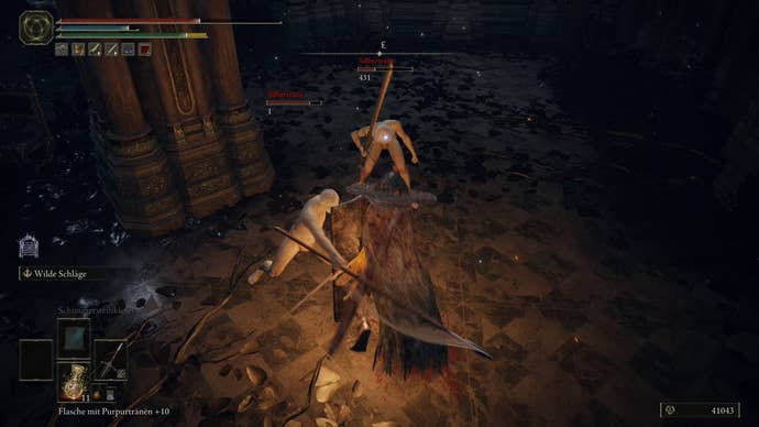 A warrior fights two soldiers in Nokstella in Elden Ring