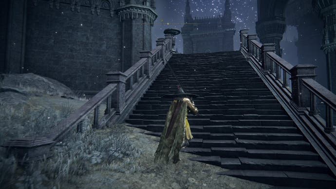 A warrior ascends a staircase in Nokstella in Elden Ring