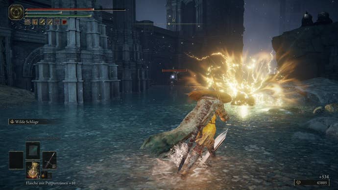 A monster explodes into a ball of lightning as a warrior charges toward it in Nokstella in Elden Ring