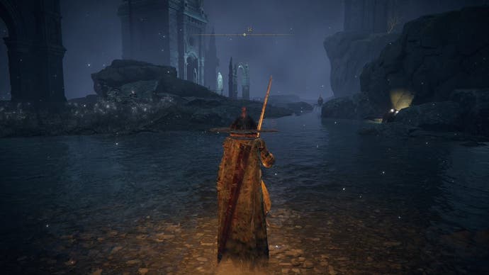 A warrior stands in ankle-deep water and gazes at the underground ruins of Noksstella in Elden Ring.