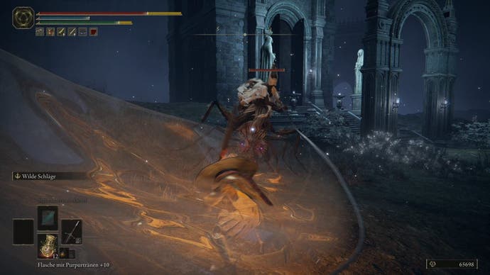A warrior battles a monster riding a giant ant in Nokstella in Elden Ring