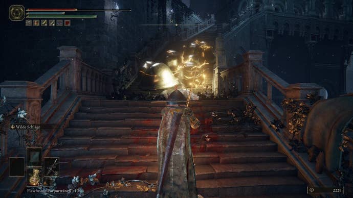 A warrior stands in front of a staircase where a Silver Sphere rolls down in a ball in lightning in Nokstella in Elden Ring