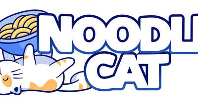 Noodle Cat studio logo of a cat on its back, slurping noodles from a bowl it is holding