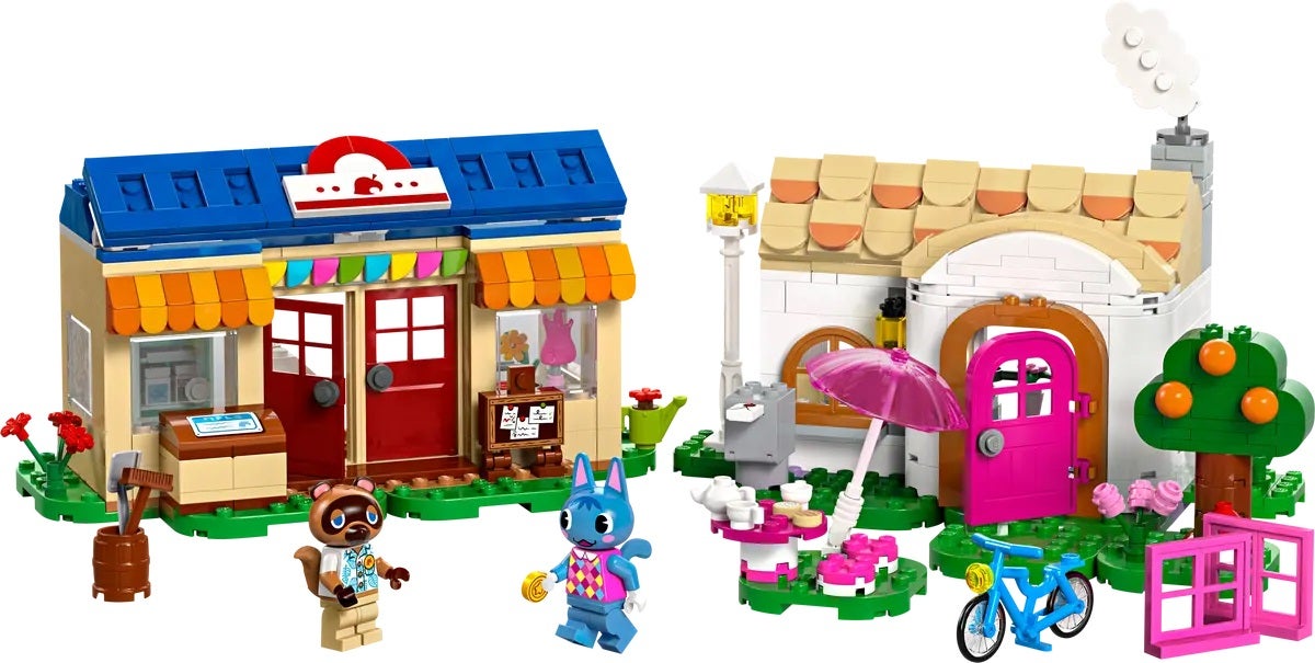 Lego versions of Nook&rsquo;s Cranny and Rosie&rsquo;s house. Tom Nook and Rosie stand outside