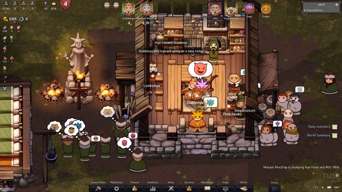 A crowd of peasants gather to celebrate at night while the Bishop is plied with drink and invited to play instruments.