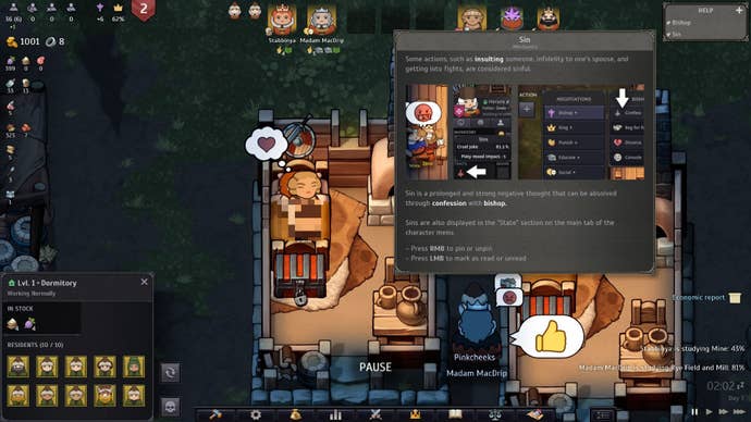 A tutorial pop-up informs the player of the concept of “sin” while a Lord has sex with a rutabaga farmer in the background.