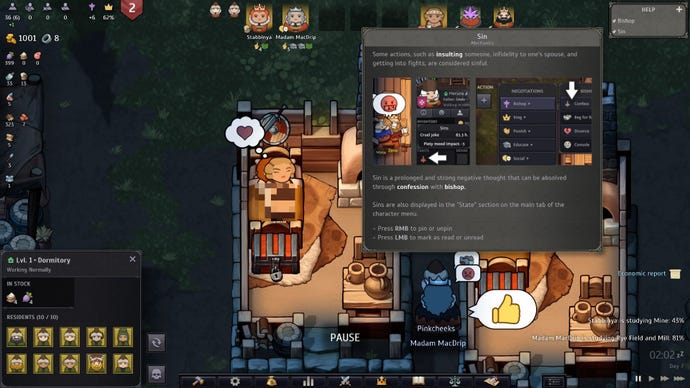 A tutorial pop-up informs the player of the concept of "sin" while a Lord has sex with a rutabaga farmer in the background.