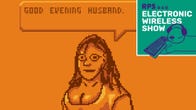 An orange image of a pixelart woman with staring eyes, from the game Normal Fishing. She is saying GOOD EVENING HUSBAND. The EWS podcast logo is in the top right corner