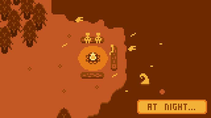 Two pixel people sit round a campfire near a lake in Normal Fishing