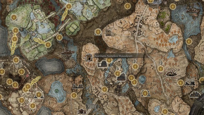 Northern Nameless Mausoleum location on the world map in Elden Ring: Shadow of the Erdtree.