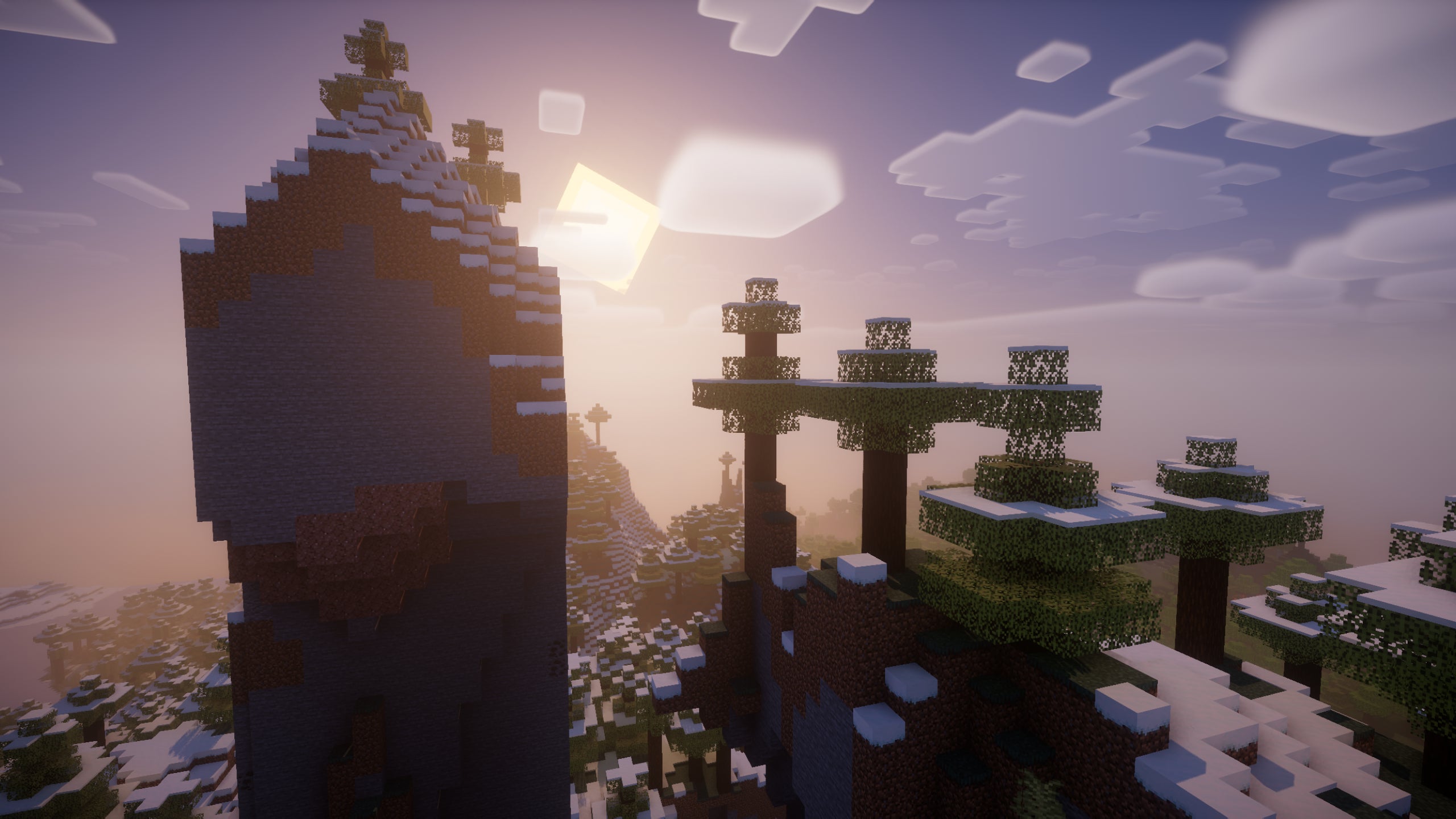 The sun rises over a snowy Minecraft forest showcasing Nostalgia Shaders.