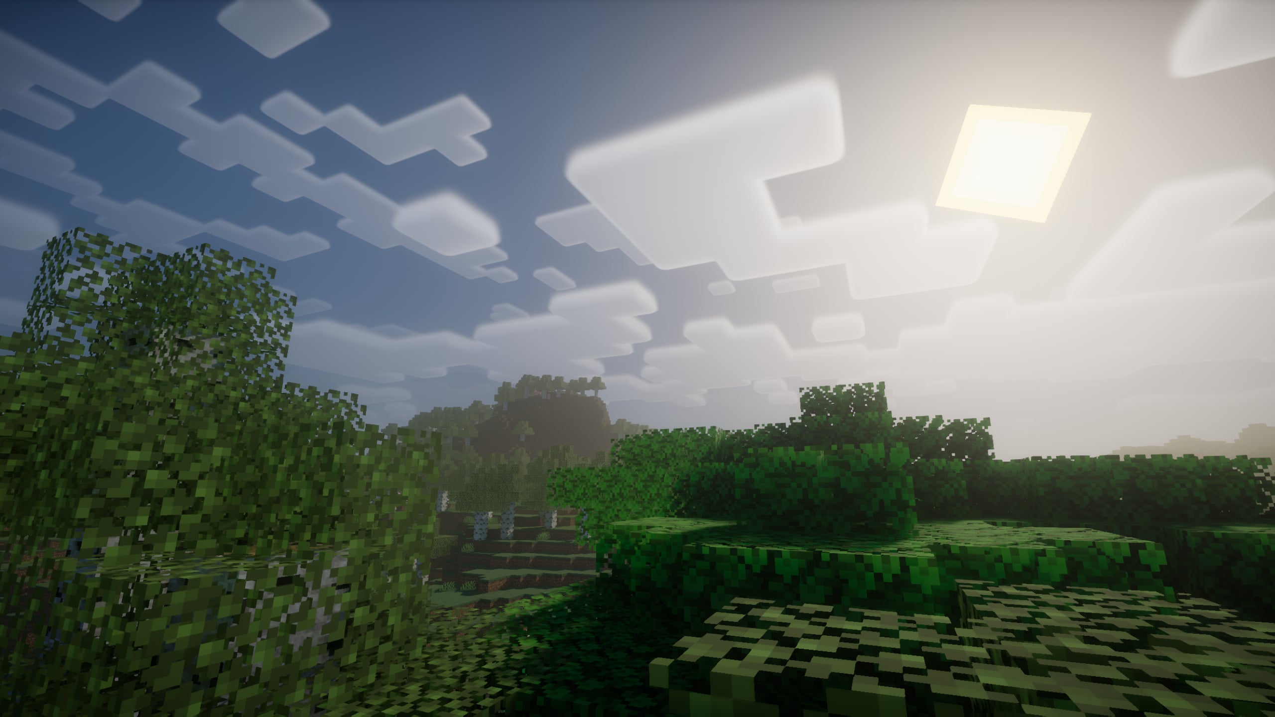 A close-up of the treetops of a Minecraft forest, with the clouds and sun above showcasing Nostalgia Shaders.