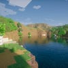 A screenshot of a river in Minecraft, with some trees on either side of the bank and a hill in the distance, taken using Nostalgia shaders.