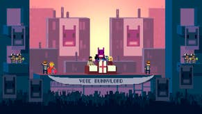 Not A Hero official image showing a purple bunny creature sitting above a St George's cross flag and a banner reading VOTE BUNNYLORD, in front of a silhouetted crowed in pixel art style.