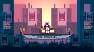 Not A Hero official image showing a purple bunny creature sitting above a St George's cross flag and a banner reading VOTE BUNNYLORD, in front of a silhouetted crowed in pixel art style.