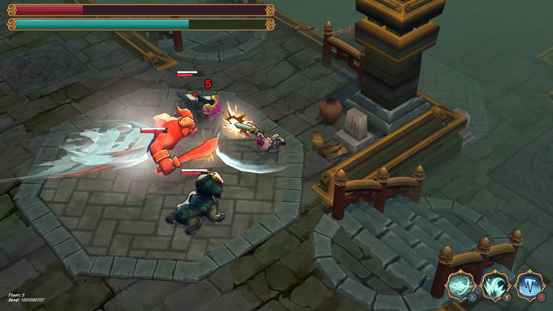 Nothing Lost gameplay. An overhead view of a stylized battle scene in a video game, featuring cartoonish characters clashing with swords and magical effects.