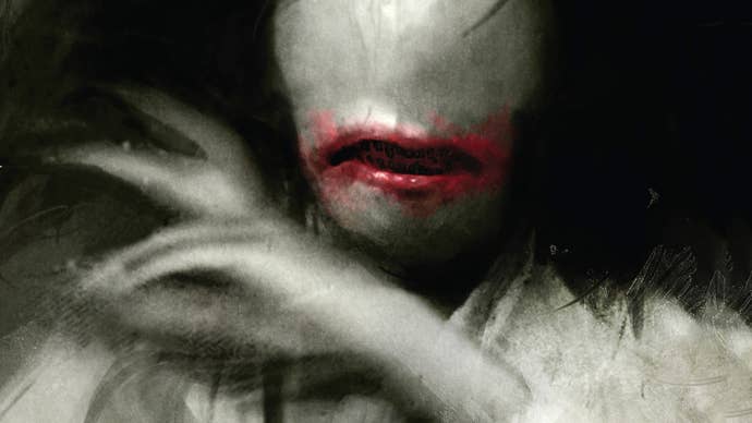 An illustration that could be from a Japanese horror film. A featureless face with a big, red-smeared mouth, on a woman’s kimono-dressed body, flanked by thick black hair. It’s scary as hell.