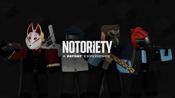 Artwork for the Roblox game Notoriety, showing a group of Roblox characters wearing masks and holding guns.