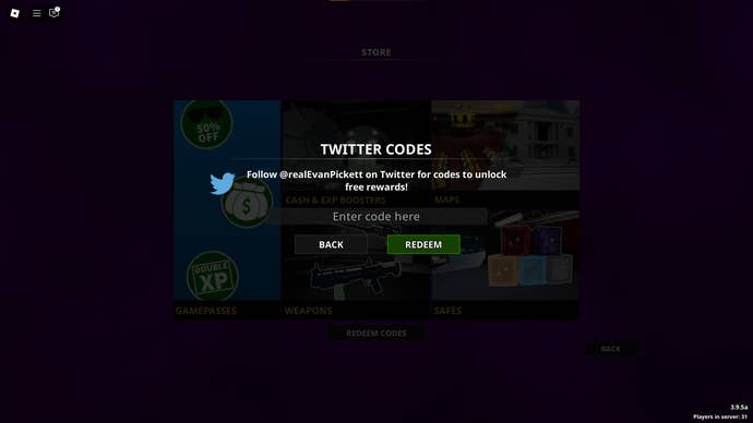 A screenshot of Notoreta in Roblox showing the game codes field.
