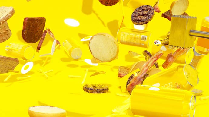 A screenshot from food game Nour, showing a bright yellow scene with all kinds of burger ingredients flying around in the air - bread, buns, burger patties, drink cans, pieces of bacon. It’s a mess!