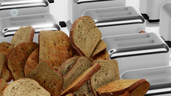 A screenshot from food game Nour, showing rows of toasters and a pile of toast. Don’t ask me why.