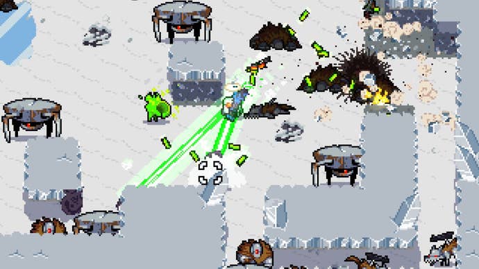 A Nuclear Throne screenshot showing a player’s chaotic laser battle against robots across icy tundra, viewed from a top-down perspective and drawn with a cute 2D pixel art style.